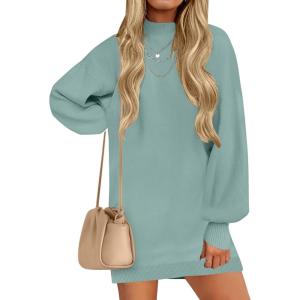 imageZESICA Womens Fall Turtleneck Sweater Dress Oversized Long Lantern Sleeve Casual Knit Pullover Mini DressesGreygreen