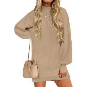 imageZESICA Womens Fall Turtleneck Sweater Dress Oversized Long Lantern Sleeve Casual Knit Pullover Mini DressesLightcamel