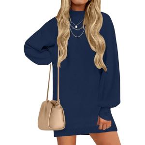 imageZESICA Womens Fall Turtleneck Sweater Dress Oversized Long Lantern Sleeve Casual Knit Pullover Mini DressesNavy