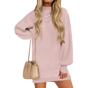 imageZESICA Womens Fall Turtleneck Sweater Dress Oversized Long Lantern Sleeve Casual Knit Pullover Mini DressesPink