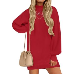imageZESICA Womens Fall Turtleneck Sweater Dress Oversized Long Lantern Sleeve Casual Knit Pullover Mini DressesRed