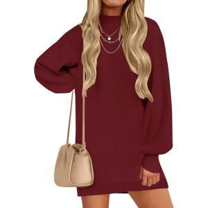 imageZESICA Womens Fall Turtleneck Sweater Dress Oversized Long Lantern Sleeve Casual Knit Pullover Mini DressesWine