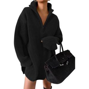 imageZESICA Womens Long Sleeve Mini Sweater Dress Fall Quarter Zip Ribbed Knit Oversized Pullover Jumper SweatersBlack