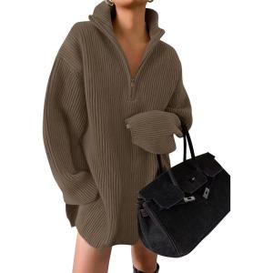 imageZESICA Womens Long Sleeve Mini Sweater Dress Fall Quarter Zip Ribbed Knit Oversized Pullover Jumper SweatersCoffee