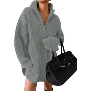 imageZESICA Womens Long Sleeve Mini Sweater Dress Fall Quarter Zip Ribbed Knit Oversized Pullover Jumper SweatersGrey