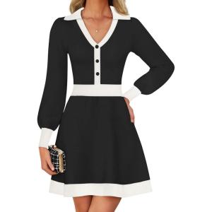 imageZESICA Womens Spring Long Sleeve V Neck Sweater Dress Collar Ribbed Knit Mini DressesBlack
