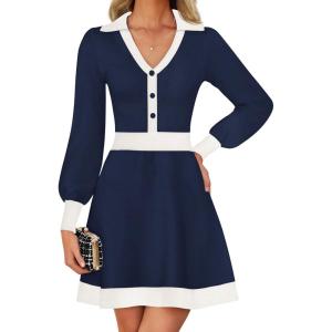 imageZESICA Womens Spring Long Sleeve V Neck Sweater Dress Collar Ribbed Knit Mini DressesNavy