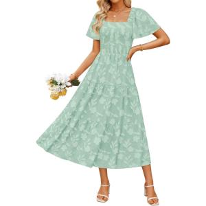 imageZESICA Womens Summer Boho Floral Midi Dress 2025 Casual Short Sleeve Square Neck Flowy Beach Vacation Long DressSage