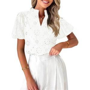 imageZESICA Womens Summer Short Puff Sleeve Shirts 2025 V Neck Casual Hollow Out Lace Embroidered Blouse TopsWhite