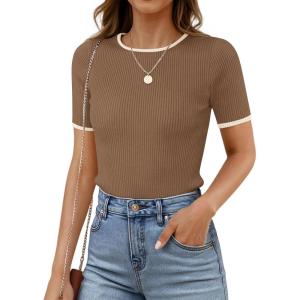 imageZESICA Womens Summer Short Sleeve Ribbed Knit Slim Fit T Shirt 2025 Crewneck Basic Casual Color Block Tee TopsBrown