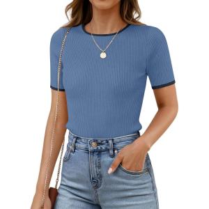 imageZESICA Womens Summer Short Sleeve Ribbed Knit Slim Fit T Shirt 2025 Crewneck Basic Casual Color Block Tee TopsDustyblue