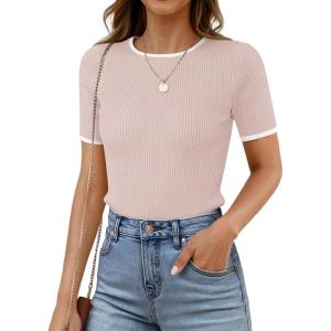 imageZESICA Womens Summer Short Sleeve Ribbed Knit Slim Fit T Shirt 2025 Crewneck Basic Casual Color Block Tee TopsDustypink