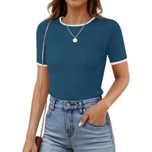 imageZESICA Womens Summer Short Sleeve Ribbed Knit Slim Fit T Shirt 2025 Crewneck Basic Casual Color Block Tee TopsNavy