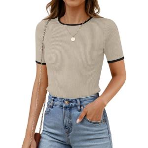 imageZESICA Womens Summer Short Sleeve Ribbed Knit Slim Fit T Shirt 2025 Crewneck Basic Casual Color Block Tee TopsOats
