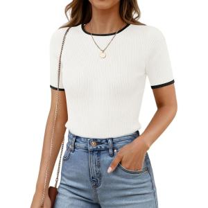imageZESICA Womens Summer Short Sleeve Ribbed Knit Slim Fit T Shirt 2025 Crewneck Basic Casual Color Block Tee TopsWhite
