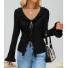 imageZESICA Womens 2025 Fall Tie Front Bow Cardigan Sweaters Long Bell Sleeve V Neck Ruffled Ribbed Knit Trendy TopsBlack