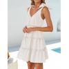 imageZESICA Womens 2025 Summer Casual V Neck Sleeveless Mini Dress Tie Shoulder Tiered Ruffle Swing A Line Short SundressesWhite