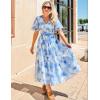 imageZESICA Womens 2025 Summer Floral V Neck Midi Dress Boho Short Sleeve High Waist Flowy Beach Vacation Dresses with BeltLightblue