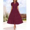 imageZESICA Womens 2025 Summer Puff Short Sleeve Midi Dress Floral V Neck Textured Ruffle Flowy Beach Party DressesWine