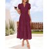 imageZESICA Womens 2025 Summer Puff Short Sleeve Midi Dress Floral V Neck Textured Ruffle Flowy Beach Party DressesWine