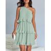 imageZESICA Womens 2025 Summer Sleeveless Mini Dress Boho One Shoulder Ruffle Tiered Layered Flowy A Line DressesLight Green