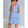 imageZESICA Womens 2025 Summer Sleeveless Mini Dress Boho One Shoulder Ruffle Tiered Layered Flowy A Line DressesLightblue