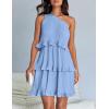 imageZESICA Womens 2025 Summer Sleeveless Mini Dress Boho One Shoulder Ruffle Tiered Layered Flowy A Line DressesLightblue