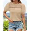 imageZESICA Womens 2025 Summer Waffle Knit Hollow Out T Shirts Crewneck Puff Short Sleeve Tops Casual Loose Tunic BlousesApricot