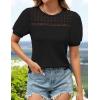 imageZESICA Womens 2025 Summer Waffle Knit Hollow Out T Shirts Crewneck Puff Short Sleeve Tops Casual Loose Tunic BlousesBlack