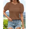 imageZESICA Womens 2025 Summer Waffle Knit Hollow Out T Shirts Crewneck Puff Short Sleeve Tops Casual Loose Tunic BlousesBrown