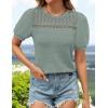imageZESICA Womens 2025 Summer Waffle Knit Hollow Out T Shirts Crewneck Puff Short Sleeve Tops Casual Loose Tunic BlousesGreen