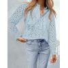 imageZESICA Womens Casual Blouse Tops Puff Long Sleeve Button V Neck Hollow Out Eyelet Lace Embroidered Shirt DressyBlue