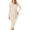 imageZESICA Womens Spring Sweater Dress V Neck Long Sleeve Ribbed Knit Tie Waist Slim Fit Bodycon Midi DressesApricot