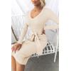 imageZESICA Womens Spring Sweater Dress V Neck Long Sleeve Ribbed Knit Tie Waist Slim Fit Bodycon Midi DressesApricot