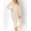 imageZESICA Womens Spring Sweater Dress V Neck Long Sleeve Ribbed Knit Tie Waist Slim Fit Bodycon Midi DressesApricot