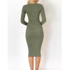 imageZESICA Womens Spring Sweater Dress V Neck Long Sleeve Ribbed Knit Tie Waist Slim Fit Bodycon Midi DressesArmygreen