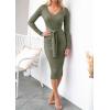 imageZESICA Womens Spring Sweater Dress V Neck Long Sleeve Ribbed Knit Tie Waist Slim Fit Bodycon Midi DressesArmygreen