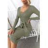 imageZESICA Womens Spring Sweater Dress V Neck Long Sleeve Ribbed Knit Tie Waist Slim Fit Bodycon Midi DressesArmygreen