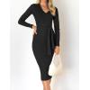 imageZESICA Womens Spring Sweater Dress V Neck Long Sleeve Ribbed Knit Tie Waist Slim Fit Bodycon Midi DressesBlack