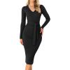 imageZESICA Womens Spring Sweater Dress V Neck Long Sleeve Ribbed Knit Tie Waist Slim Fit Bodycon Midi DressesBlack