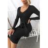 imageZESICA Womens Spring Sweater Dress V Neck Long Sleeve Ribbed Knit Tie Waist Slim Fit Bodycon Midi DressesBlack