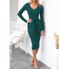 imageZESICA Womens Spring Sweater Dress V Neck Long Sleeve Ribbed Knit Tie Waist Slim Fit Bodycon Midi DressesDarkgreen