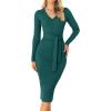 imageZESICA Womens Spring Sweater Dress V Neck Long Sleeve Ribbed Knit Tie Waist Slim Fit Bodycon Midi DressesDarkgreen