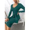 imageZESICA Womens Spring Sweater Dress V Neck Long Sleeve Ribbed Knit Tie Waist Slim Fit Bodycon Midi DressesDarkgreen