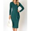 imageZESICA Womens Spring Sweater Dress V Neck Long Sleeve Ribbed Knit Tie Waist Slim Fit Bodycon Midi DressesDarkgreen
