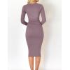 imageZESICA Womens Spring Sweater Dress V Neck Long Sleeve Ribbed Knit Tie Waist Slim Fit Bodycon Midi DressesDarkviolet