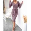 imageZESICA Womens Spring Sweater Dress V Neck Long Sleeve Ribbed Knit Tie Waist Slim Fit Bodycon Midi DressesDarkviolet