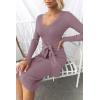 imageZESICA Womens Spring Sweater Dress V Neck Long Sleeve Ribbed Knit Tie Waist Slim Fit Bodycon Midi DressesDarkviolet