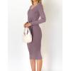 imageZESICA Womens Spring Sweater Dress V Neck Long Sleeve Ribbed Knit Tie Waist Slim Fit Bodycon Midi DressesDarkviolet