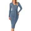 imageZESICA Womens Spring Sweater Dress V Neck Long Sleeve Ribbed Knit Tie Waist Slim Fit Bodycon Midi DressesDustyblue